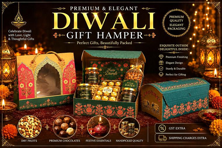 Festive gift packaging — paper gift bags and hamper boxes arranged for Diwali