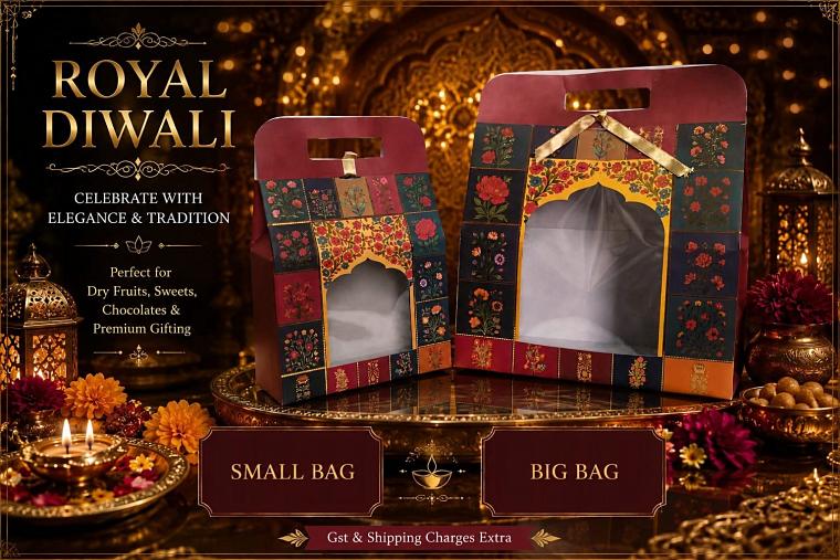 Two Royal Diwali gift boxes with arched transparent windows, in maroon and teal