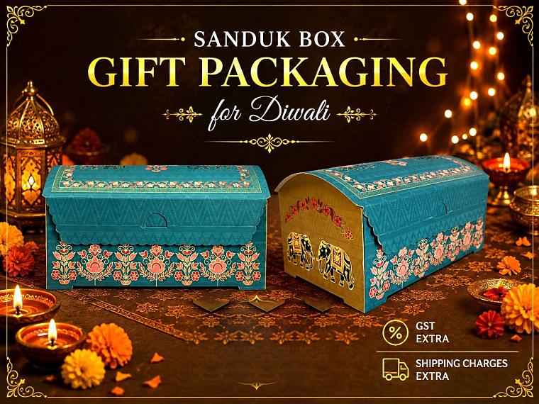 Two teal Sanduk treasure-chest gift boxes with a floral print