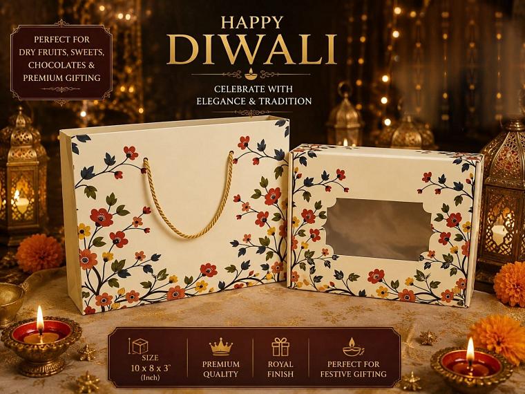 Cream floral paper gift bag beside a matching window box