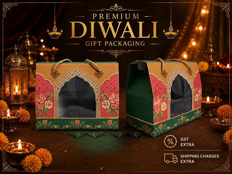 Two gable-top Diwali gift boxes with arched windows, in pink and green