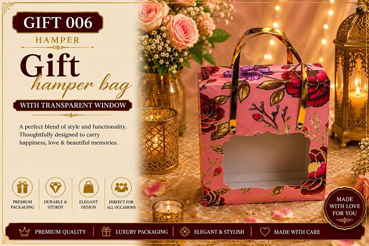 Pink floral gift hamper bag with a transparent window