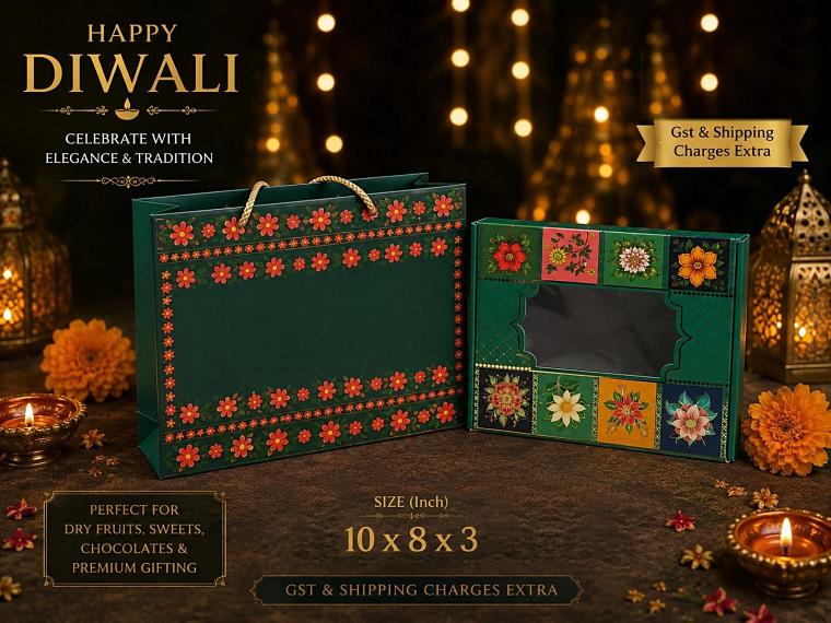 Green floral paper gift bag beside a matching window box