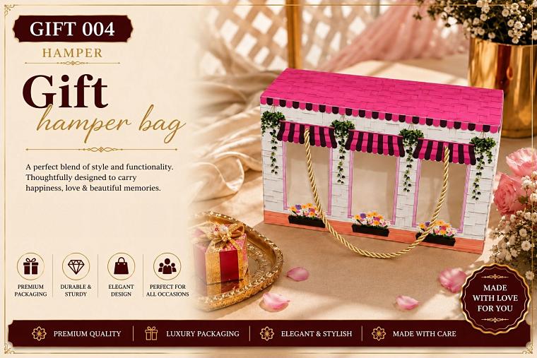 Pink shop-front gift hamper bag with rope handles