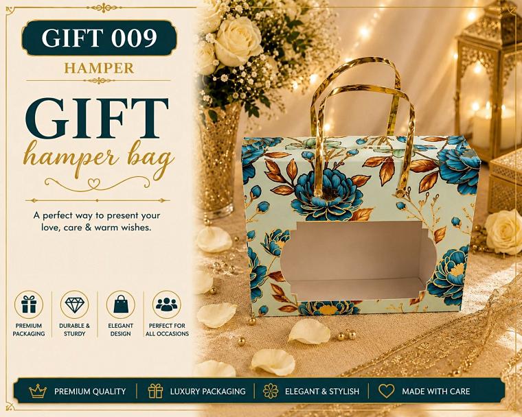 Blue floral gift hamper bag with gold handles