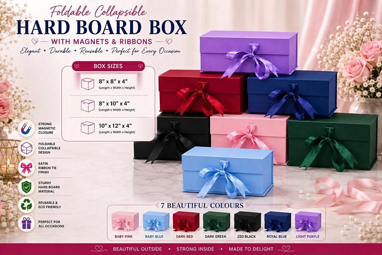 Foldable hard board gift boxes with magnetic closures and ribbon ties, in seven colours