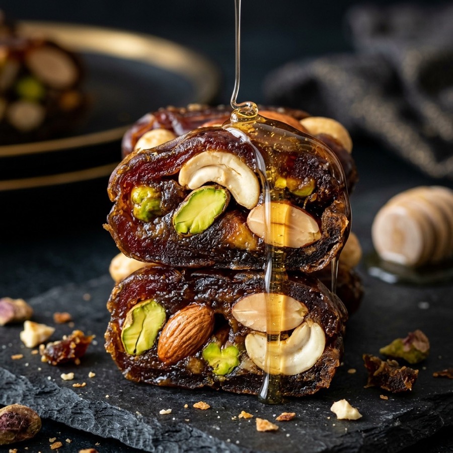 Stacked Sweetkart date bites with pistachios, almonds and cashews, drizzled with honey