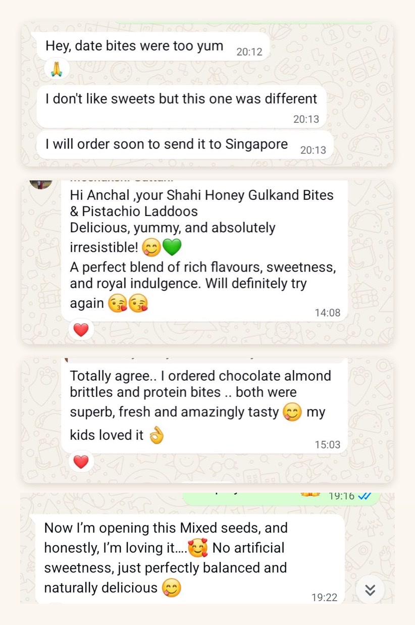 Screenshots of four WhatsApp messages from Sweetkart customers praising the Date Bites, Shahi Honey Gulkand Bites, Energy Balls, Dark Chocolate Almond Brittles, Protein Bites and Super Seeds & Dryfruits Trail Mix